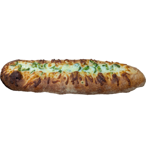 Baked Pizza Bread showing jalapeno toppings.